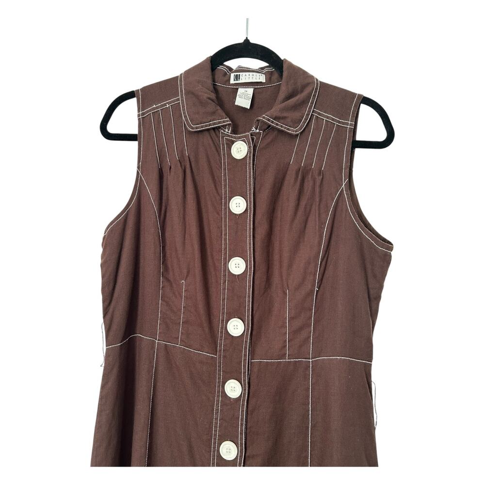 Carole Little Dress Size 14 Brown Linen Contrast Stitching Button Front No Belt